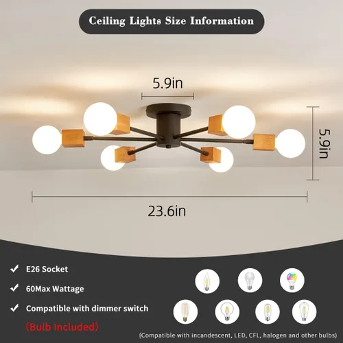 Vista 2 de Lámpara de techo de madera semiempotrada, 6 luces, lámpara Sputnik de madera rústica, iluminación de techo estilo granja, roble y negro con E26