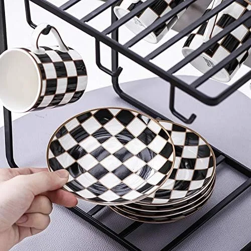 Vista 4 de Checker - Juego de 6 tazas y platillos de espresso de 3 onzas, juego de tazas Demitasse