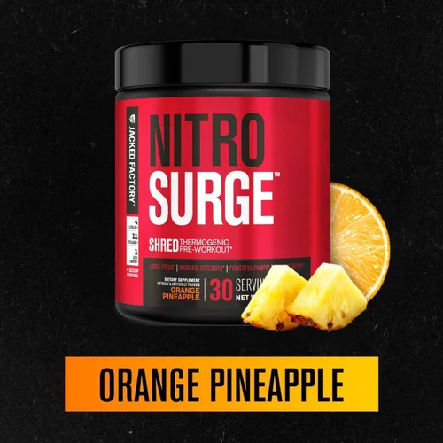 Vista 2 de Jacked Factory Nitrosurge Shred Termogénico Pre-Entrenamiento en Piña Naranja y Potenciador de óxido nítrico N.O. XT para hombres y mujeres
