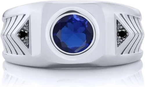 Vista 2 de Gem Stone King Anillo redondo de plata de ley 925 con zafiro y diamante negro para hombre