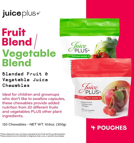 Vista 4 de JuicePlus+ - Mezcla de frutas y verduras masticables suaves – Sabrosas vitaminas veganas en gomitas para adultos y niños – 4 meses de suministro