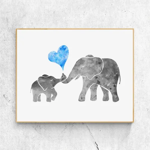 Vista 2 de ZLKAPT Pintura de acuarela gris para bebé, niño, elefante con mamá, arte de pared, diseño de corazón de amor azul, linda imagen para decoración