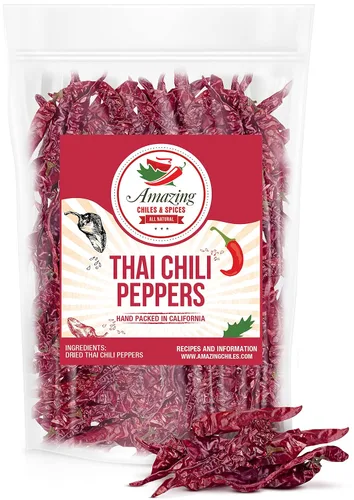 Vista 10 de Auténticos chiles rojos tailandeses, bolsa de 1 libra, chiles enteros rojos picantes, secos frescos para cocinar alimentos tradicionales asiáticos