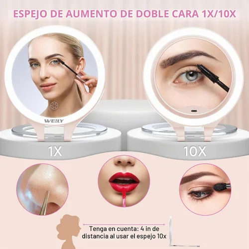 Vista 4 de WEILY Espejo de maquillaje con aumento 10X/1X, espejo de viaje con luz rosado (451-pink)