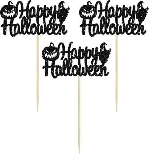 Vista 3 de Gyufise 24 adornos para cupcakes de Halloween con calabaza, fantasma, purpurina negra, decoraciones para cupcakes para niños, decoración de fiesta