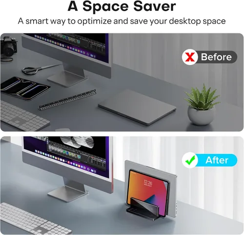 Vista 5 de OMOTON Soporte vertical para laptop para escritorio, soporte de acrílico para computadora portátil transparente ajustable para MacBook Pro Air, HP