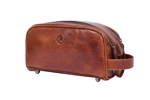 Vista 15 de Neceser de viaje de cuero premium de 10 pulgadas con forro impermeable Kit Dopp vintage hecho a mano tamaño King por Aaron Leather Goods