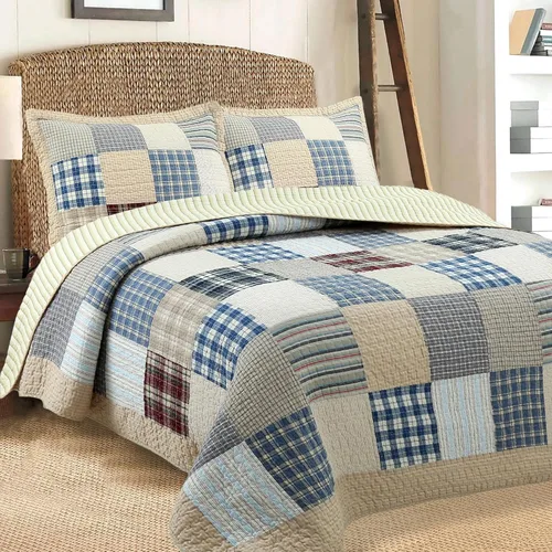 Vista 10 de Cozy Line Home Fashions Juego de ropa de cama de retazos reales a cuadros y rayas verdes, amarillos y azules, 100% algodón, colcha reversible