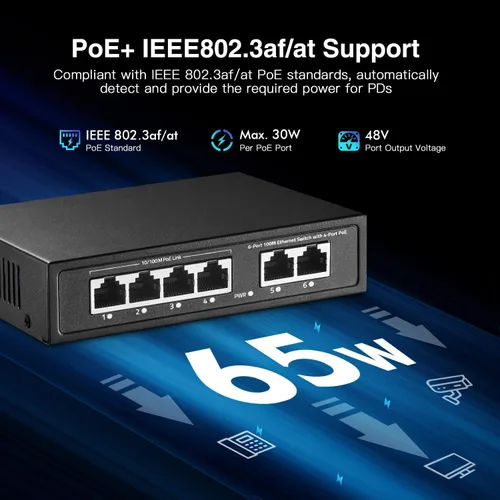 Vista 3 de Mini conmutador PoE de 6 puertos con 4 PoE+, 2 Uplink, Ethernet de 10/100Mbps, 65W 802.3af/at PoE, interruptor de red PoE+ YuLinca sin ventilador