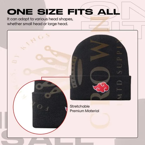 Vista 4 de Gorro de invierno de anime para hombres y mujeres, gorro de punto con puños, cómodo y suave, bordado de anime Negro
