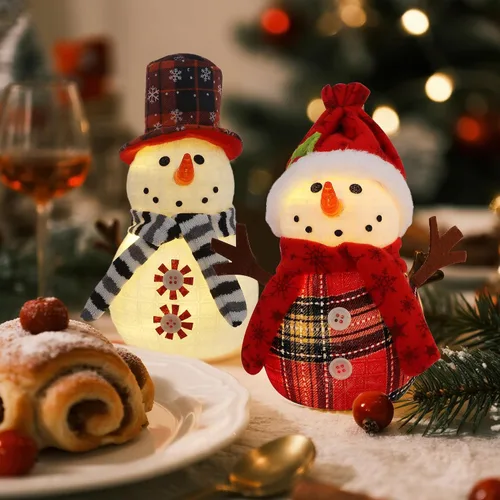 Vista 4 de Sancodee - Decoraciones de mesa de Navidad, 2 piezas, muñecos de nieve con luces LED blancas cálidas, decoración de mesa de muñecos de nieve
