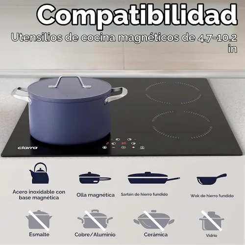 Vista 5 de CDV Placa de Inducción Empotrada de 6000W con 4 Quemadores, Placa Eléctrica de 24 Pulgadas con Control Táctil de Vidrio Cerámico, 9 Niveles