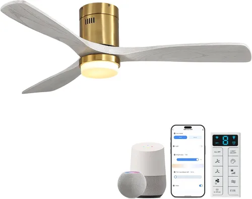 Vista 19 de Sofucor Ventiladores de techo inteligentes de 52 pulgadas con luces - montaje al ras de perfil bajo, modernos ventiladores de techo de madera maciza
