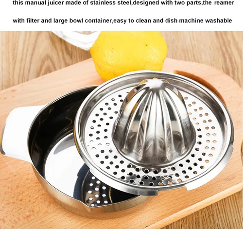 Vista 3 de Exprimidor de limón de acero inoxidable Exprimidor de cítricos Prensa de mano Herramienta de exprimir jugo de naranja con recipiente
