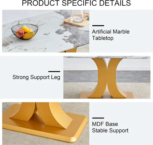 Vista 6 de A Modern Minimalist Dining Table. Imitation Marbled Glass Tabletop. Gold Table Legs for Kitchen and Living Room