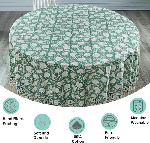 Vista 7 de Mantel redondo con estampado de bloque a mano, 100% algodón, reutilizable, turquesa, verde musgo, 90 pulgadas, mantel decorativo para uso diario