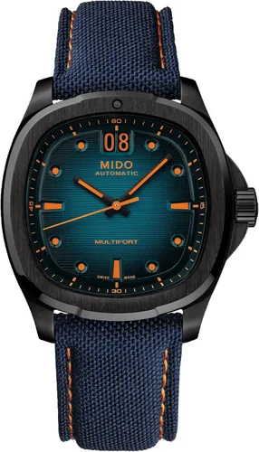 Vista 8 de MIDO Multifort TV Big Date - Reloj suizo automático para hombres - Caja de 40mm con respaldo transparente Verde sobre acero inoxidable