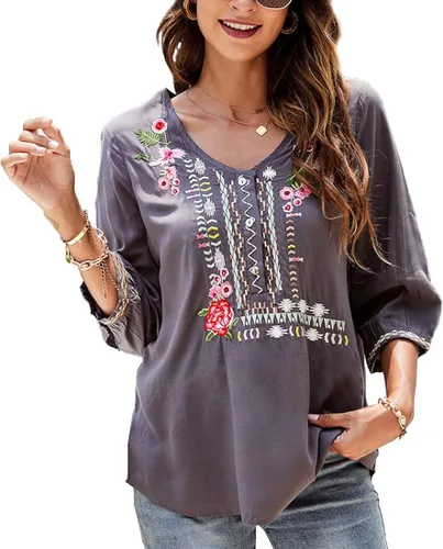 Vista 6 de AK Blusas bordadas estilo bohemio para mujer, manga 34, estilo campesino, estilo bohemio, holgadas.