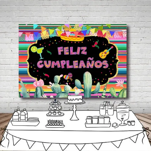 Vista 4 de MEHOFOND Telón de fondo para fiesta temática mexicana, decoración de fiesta temática mexicana, fondo de fotografía de feliz cumpleaños, México