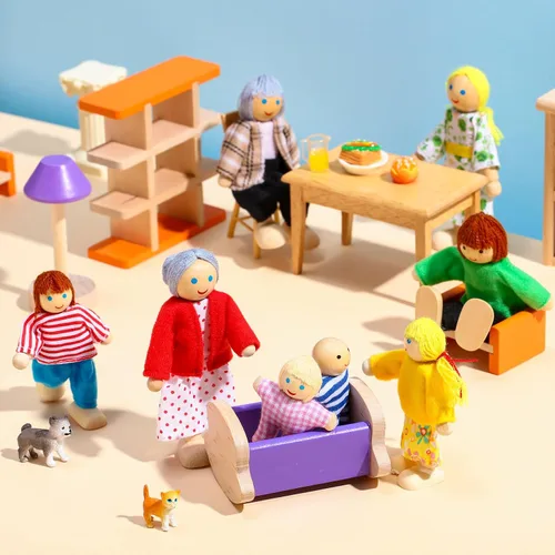 Vista 4 de Skylety 10 piezas de set de casa de muñecas de madera con figuras de mini personas, muñecas para casa de muñecas, figuras de madera para jugar