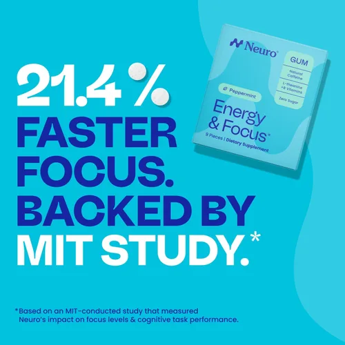 Vista 6 de Neuro Energy & Focus Gum - Goma de mascar de cafeína natural de 40 mg y suplemento energético nootrópico con L-teanina y vitaminas B, sin azúcar