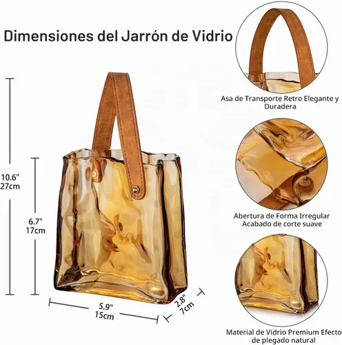 Vista 2 de Florero de bolso de cristal para flores, floreros de ámbar para centros de mesa, florero de bolsa de cristal con asa de cuero, floreros pequeños