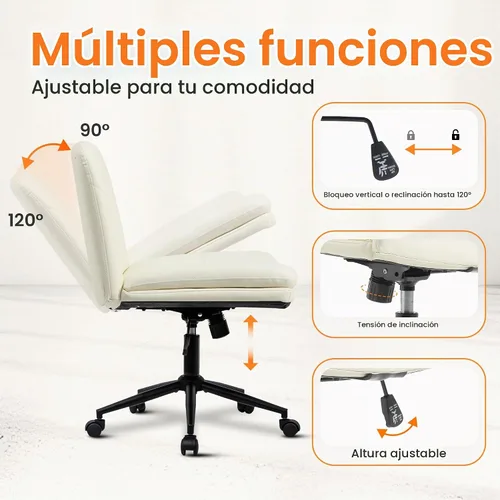 Vista 5 de NEO CHAIR Silla cruzada con ruedas, escritorio de oficina con patas Marfil Pu
