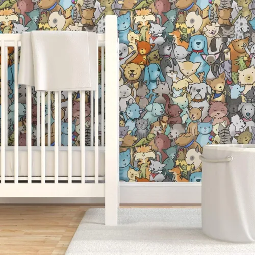 Vista 6 de Muestra de papel tapiz extraíble – Perros de rescate de mascotas animales lindos dibujos animados cuarto de niños gatos adoptar habitación