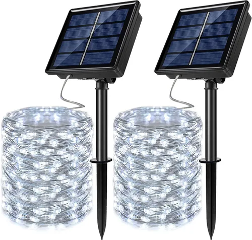 Vista 11 de Guirnalda de luces LED con energía solar actualizada, 8 modos, resistente al agua, IP65, iluminación intermitente, para interior y exterior, Azul