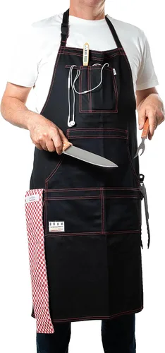 Vista 5 de BÖHM - Delantal de cocina profesional con bolsillos, trabillas para herramientas, correa ajustable para el cuello, algodón duradero de doble