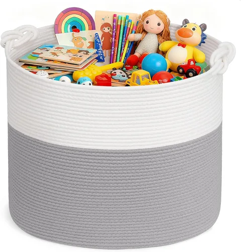 Vista 16 de Goodpick - Cesta tejida de yute para mantas, organización de ropa, cuerda de algodón, 40L Soft Blanket & Laundry Basket with Handles, Baby Toy