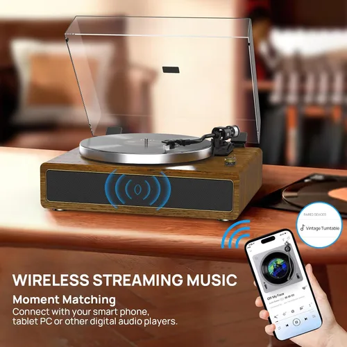 Vista 3 de Tocadiscos con altavoces incorporados, reproductor de discos de vinilo con soporte para reproducción Bluetooth, parada automática, velocidad de 33