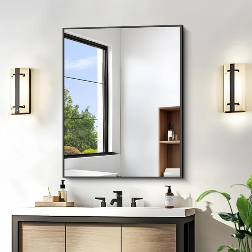 Vista 31 de KOCUUY Espejo de baño negro, espejo rectangular de 24 x 18 pulgadas para sobre el fregadero, espejo de pared decorativo moderno para dormitorio