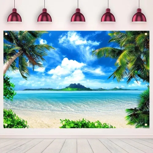 Vista 7 de Fondo de Fotografía Tropical Hawaiano Playa Palmera Cielo Azul y Nubes Blancas Decoración de Fiesta de Boda Telón de Fondo de Fotografía 5x3 pies
