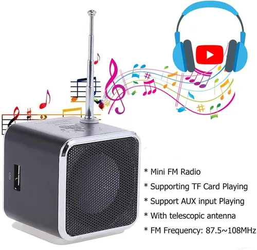 Vista 4 de Mini altavoz Bluetooth, reproductor de música inalámbrico Etigood portátil, radio FM, estéreo digital, reproductor MP3, compatible con tarjeta Negro