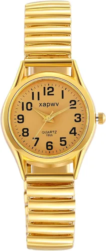 Vista 27 de JewelryWe Reloj de lectura fácil ultrafino para mujer con correa elástica de tono dorado/plateado