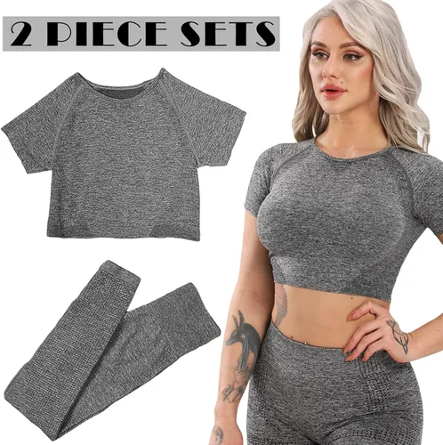 Vista 2 de YOFIT - Conjunto deportivo de 2 piezas leggings de yoga de cintura alta sin costuras y crop top con manga larga para mujer juego de ropa