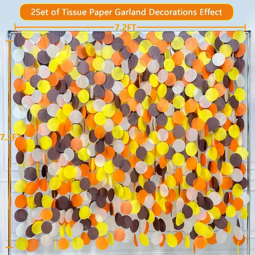 Vista 3 de 205 pies de decoración para fiesta de otoño Guirnalda de fondo de círculos grandes con puntos naranja, marrón, amarillo y beige de papel de seda