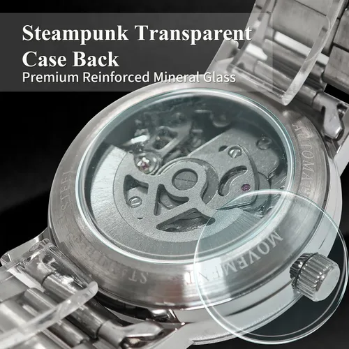 Vista 5 de Gute IK - Reloj automático para mujer, Steampunk con cuerda automática, pulsera plateada mecánica