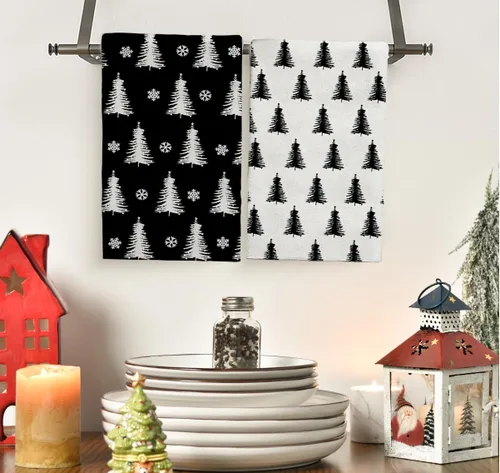 Vista 2 de Juego de 2 toallas de mano para árbol de Navidad, color blanco y negro, juego de 2 toallas de baño absorbentes de copos de nieve, toallas