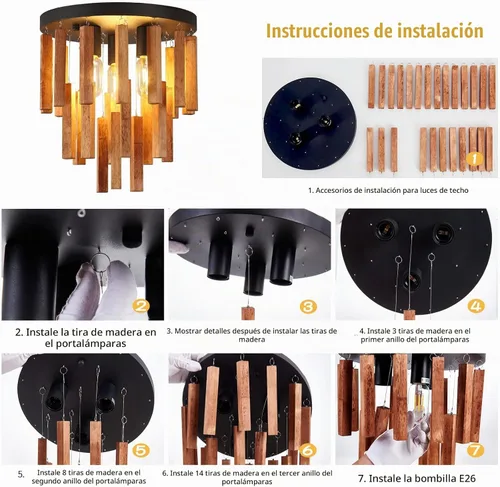 Vista 5 de Lámparas de techo semiempotradas de 3 luces, lámpara de madera bohemia, lámpara de techo de roble y negro con E26 para cocina, sala de estar