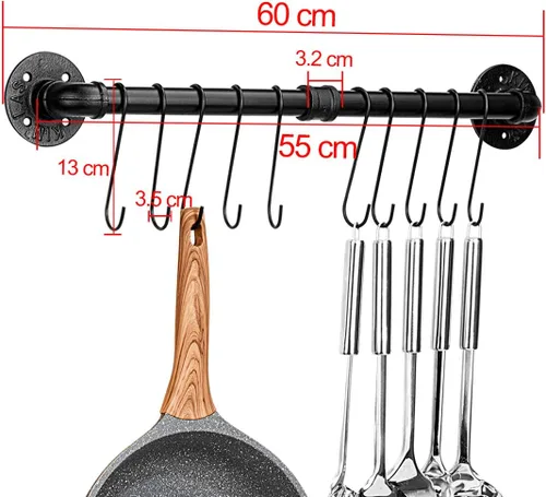 Vista 2 de Toplife Riel de ollas de 23.7 pulgadas, organizador de utensilios de cocina montado en la pared con riel colgante desmontable para sartenes y tapas