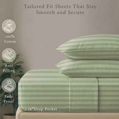 Vista 5 de Threadmill Juego de ropa de cama de algodón de lujo de 500 hilos tamaño matrimonial, 4 piezas, sábanas transpirables color verde salvia con bolsillo