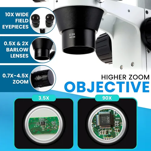 Vista 3 de AmScope SM-3BX-80S microscopio profesional binocular estéreo con zoom, ocular WH10x, aumento de 3,5X-45X, objetivo con zoom 0,7X-4,5X, anillo de 80