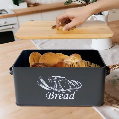 Vista 2 de SOTECH Caja de Pan con 3 Frascos Café Azúcar Té para Encimera de Cocina Caja de Pan de Metal Blanco con Tapa de Tablero de Bambú Conjunto