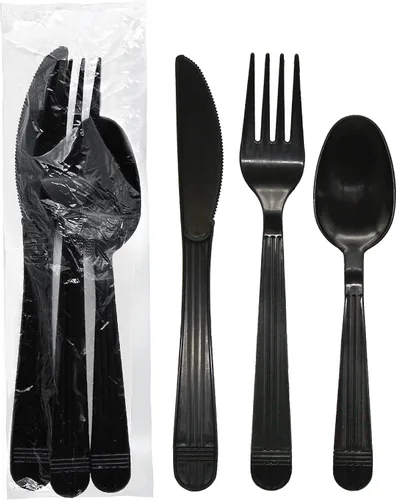 Vista 11 de Party Essentials Juego de utensilios de plástico negro envueltos individualmente/paquetes de cubiertos resistentes
