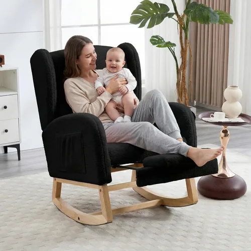 Vista 3 de NIOIIKIT Silla Mecedora de Guardería con Reposapiés, Silla Deslizante Tapizada Teddy, Reclinable Deslizante de Guardería con Bolsillo Lateral