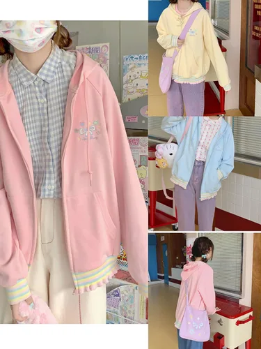 Vista 4 de Sudadera con capucha para mujer, con bordado de corazón japonés, dobladillo de encaje de caramelo, holgada, con cremallera kawaii, sudadera