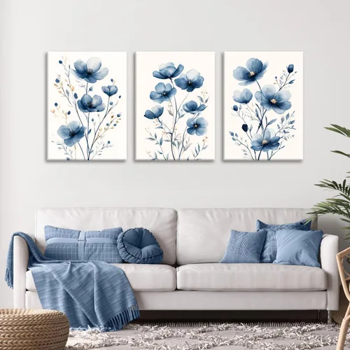 Vista 4 de okudolit Lienzo con flores silvestres azul marino enmarcado Arte de pared de lienzo Set de 3 Flores Imágenes Impresiones Impresión de flores