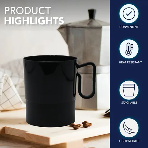 Vista 4 de Party Essentials Taza de café de plástico duro de 8 onzas con asa, 20 unidades, color negro bistró